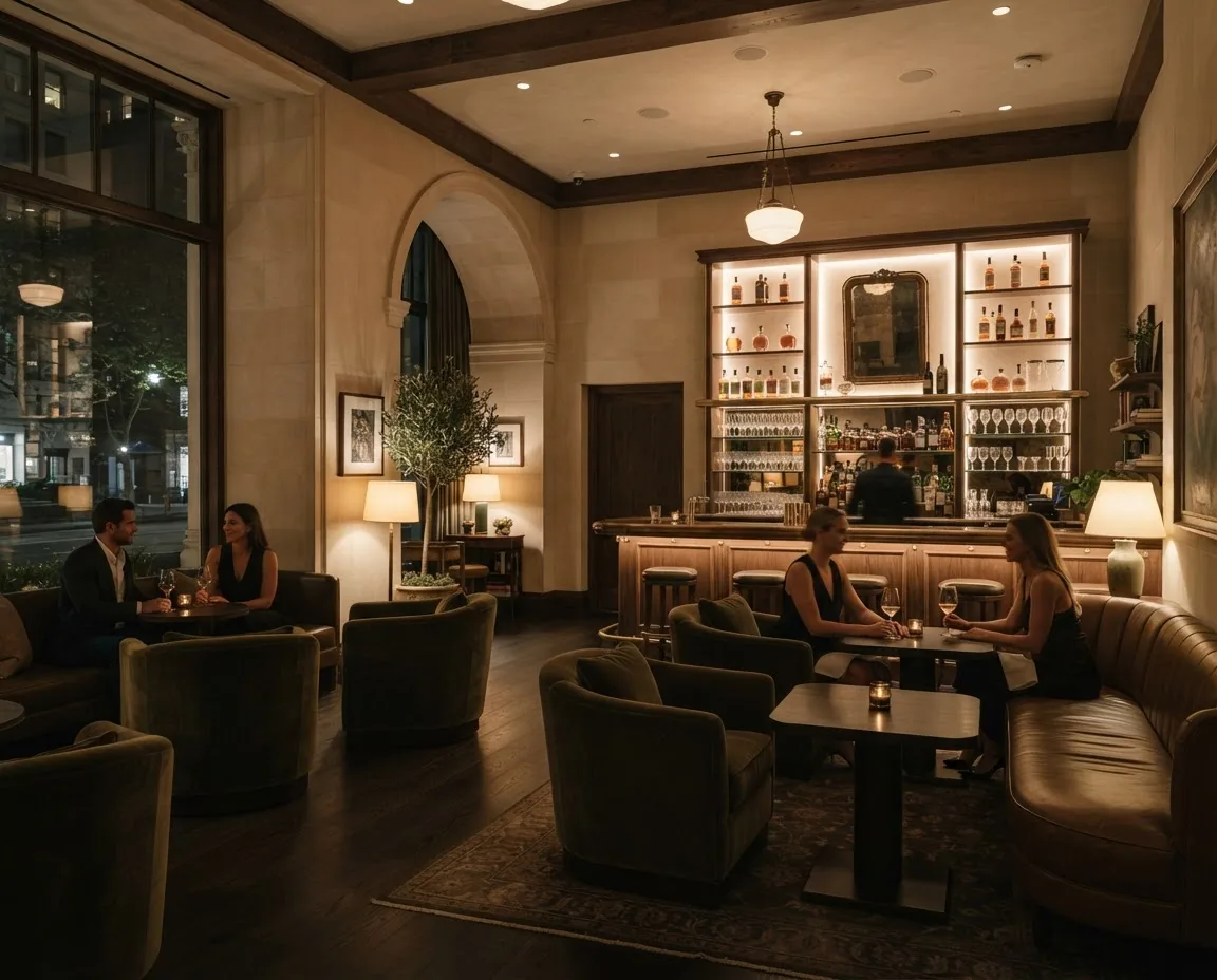 Warmly lit bar room with lounge seating and an illuminated drinks cabinet