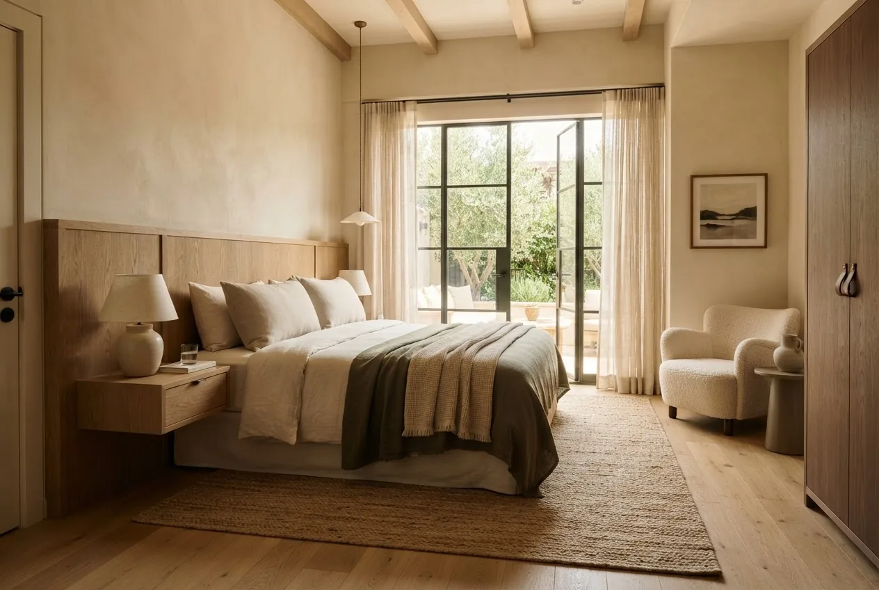 The Standard room with a warm wood bed, armchair, and garden view